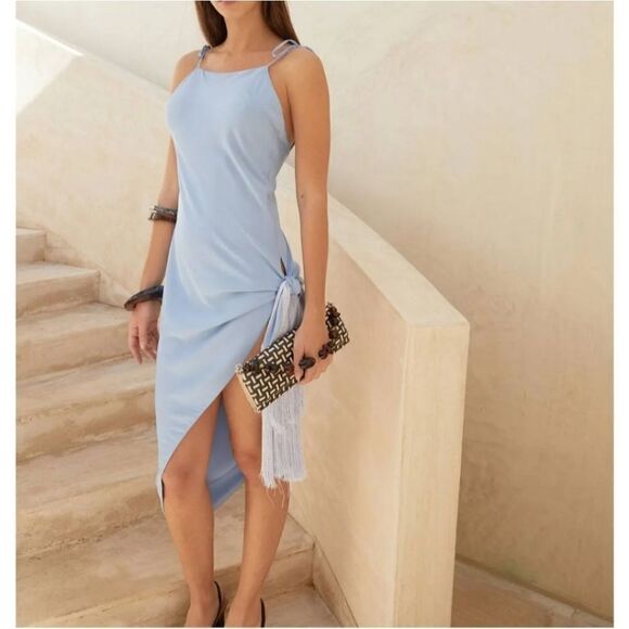 Cult Gaia Giselle Tie Hem Stretch Silk Slipdress In Bluebell Midi Dress Blue - Picture 3 of 16